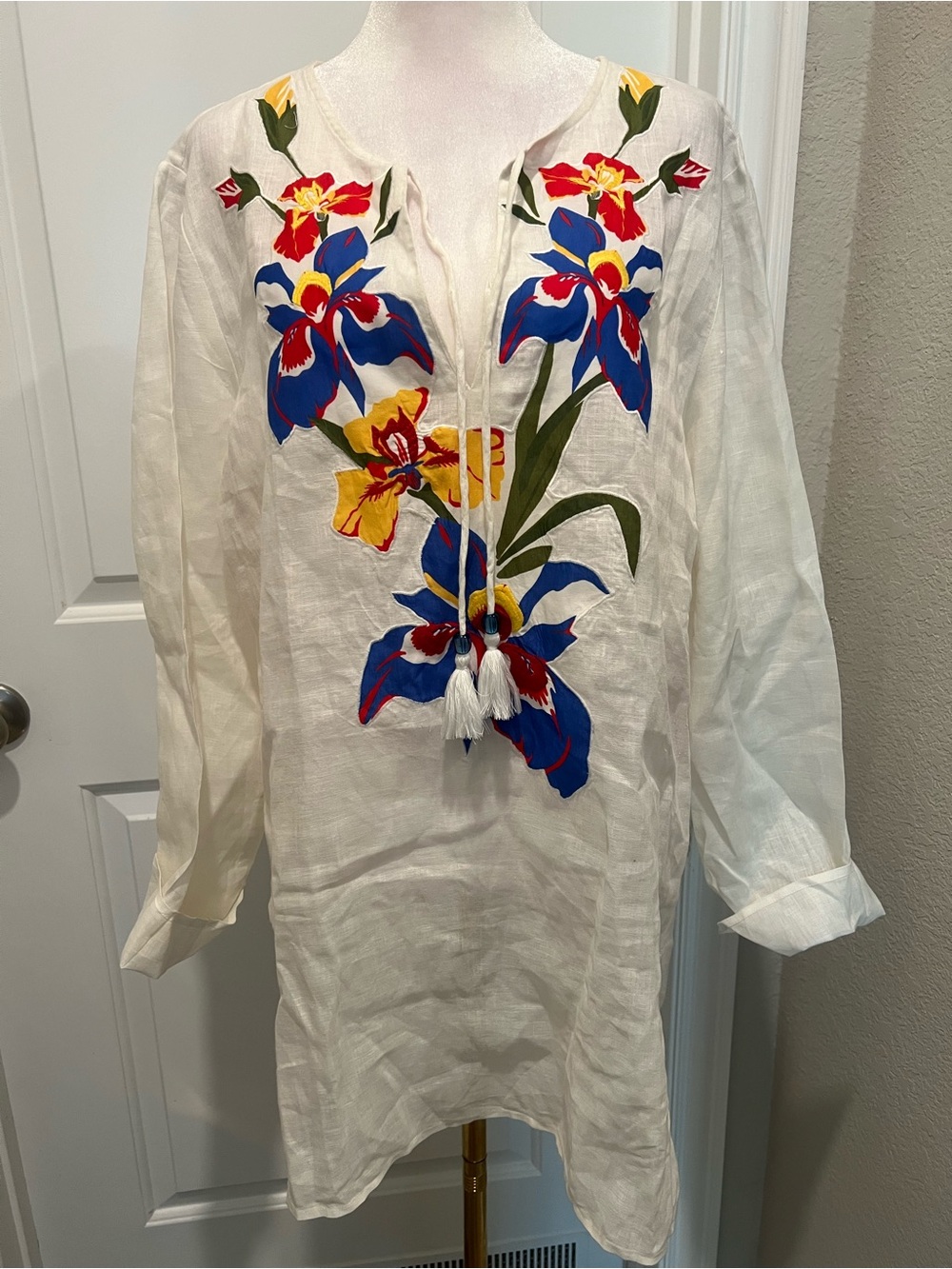 Tory Burch Iris beach tunic Embroidered White Floral Tie-Neck Women's Top XL - Picture 2 of 11